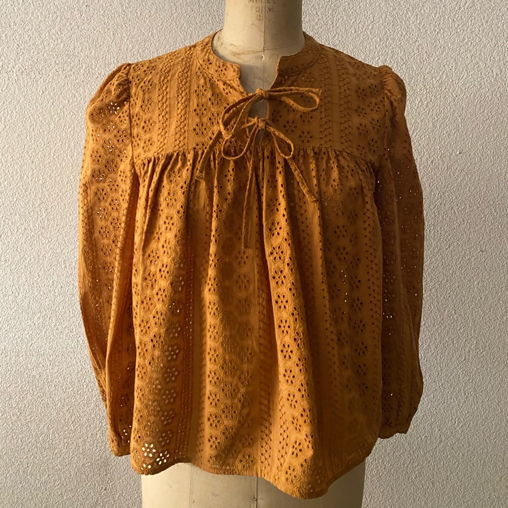 Madewell Eyelet Double-Tie Peasant Top / size XS / goldenrod